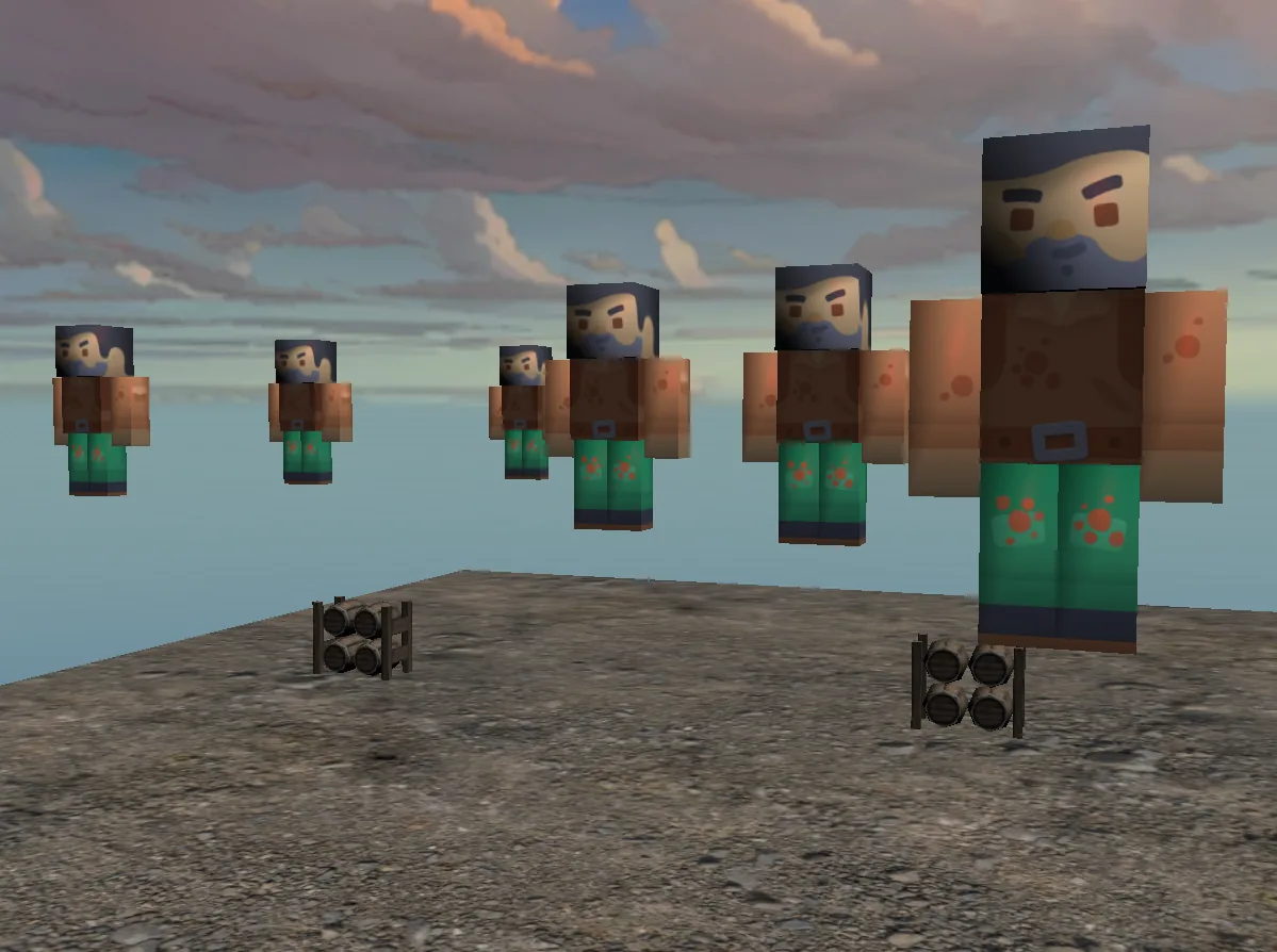 VenRad's test zone with characters and barrels loaded as 3D models under a sunset sky